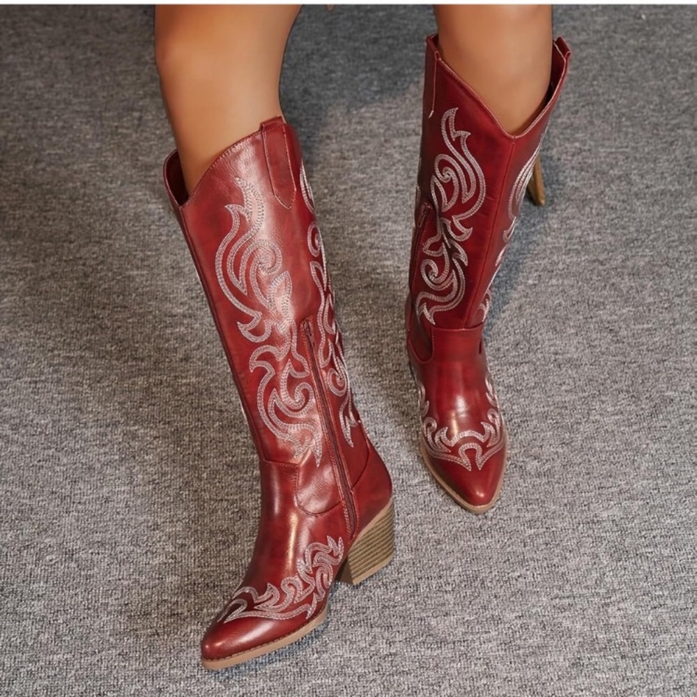 Red Embroidered Heeled Boots - Picture 5 of 8